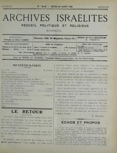 Archives israélites de France. Vol.96 N°84-85 (30 août 1934)